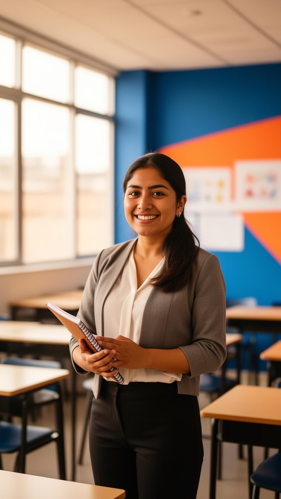 Docente sonriendo en su aula